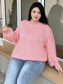 Dazy Plus Plus Size Solid Color Crew Neck Casual Sweatshirt For Teenage Girls, For Winter