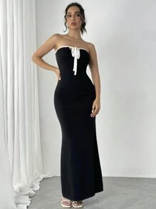 Chiquease Robe pull longue ajustée et élégante sans manches avec lien à l'avant pour femmes, pour l'été - Noir - Voir 4