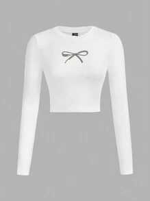 SHEIN EZwear 3 件套女士豹纹、斑马水钻蝴蝶结、字母印花圆领长袖修身短款 T 恤，适合春秋季节 - 彩色 - 查看 3