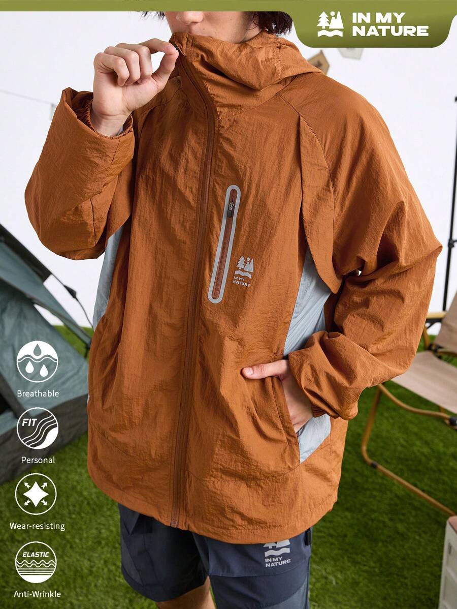 In My Nature Men's Letter Printed Raglan Sleeve Loose Fit Casual Hooded Outdoor Jacket