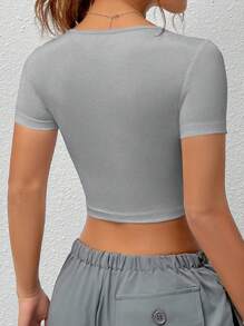 SHEIN EZwear T-shirt gris de base sans couture à manches courtes et encolure carrée pour femmes, été