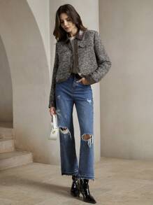 Anewsta Urban Style PU Patchwork Women's Plaid Long Sleeve Jacket - Brown - View 3