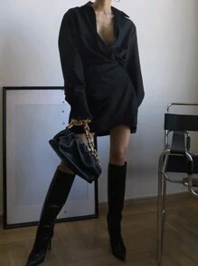 DAZY Women Collared Short Solid Color Dress,Fall Dress Long Sleeve Dress - Black - View 2
