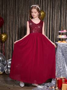 Elegante y lujoso vestido largo sin mangas de color borgoña para niñas, adecuado para Navidad, Halloween, fiestas formales, cumpleaños, actuaciones y otros festivales - Burdeos - Ver 3