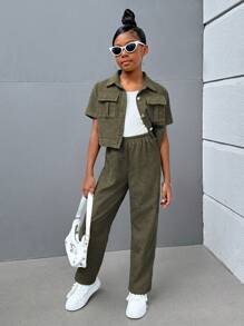 SHEIN Ensemble 3 pièces pour jeune fille avec chemise à manches courtes tressée de couleur unie, pantalon à jambe droite et camisole, style casual