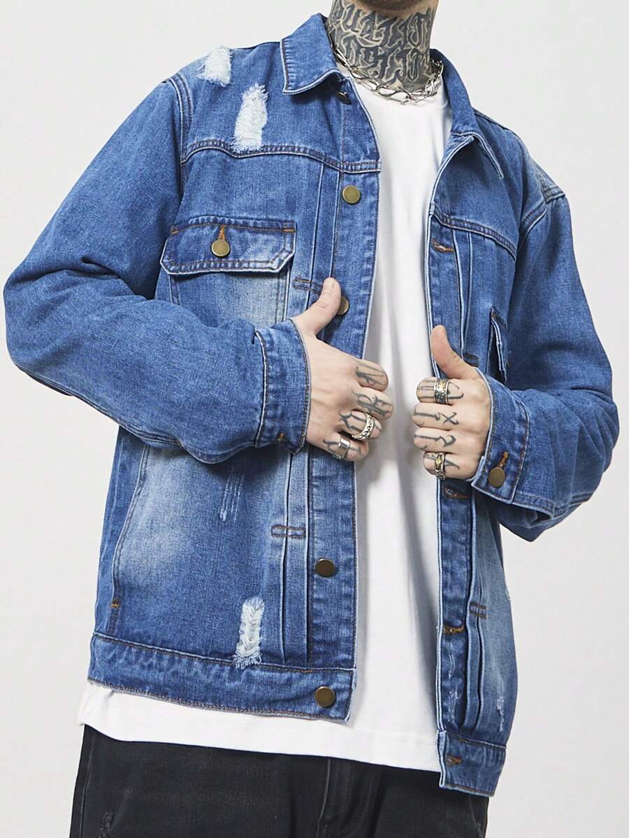 Manfinity EMRG Men's Casual Ripped Denim Jacket For Spring & Autumn - Blue - View 1