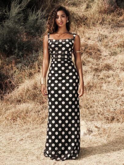 Opulessa Vestido ajustado de sirena casual de punto de malla con estampado clásico de lunares para mujeres