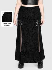 ROMWE Goth Falda gótica de talla grande para mujer con adornos metálicos de tela flocada y doble abertura en los muslos - Negro - Ver 1