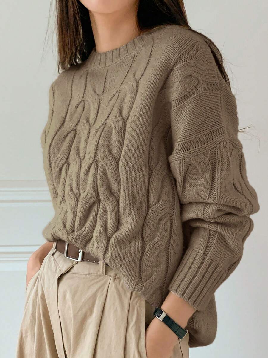 DAZY Women's Knitted Cable Crewneck Comfortable Sweater,Fall Clothes - Coffee Brown - View 1