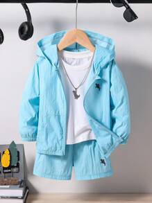 2 piezas Conjunto deportivo casual minimalista con capucha y shorts para niño joven, adecuado para uso diario, escuela, deportes, primavera/verano/otoño