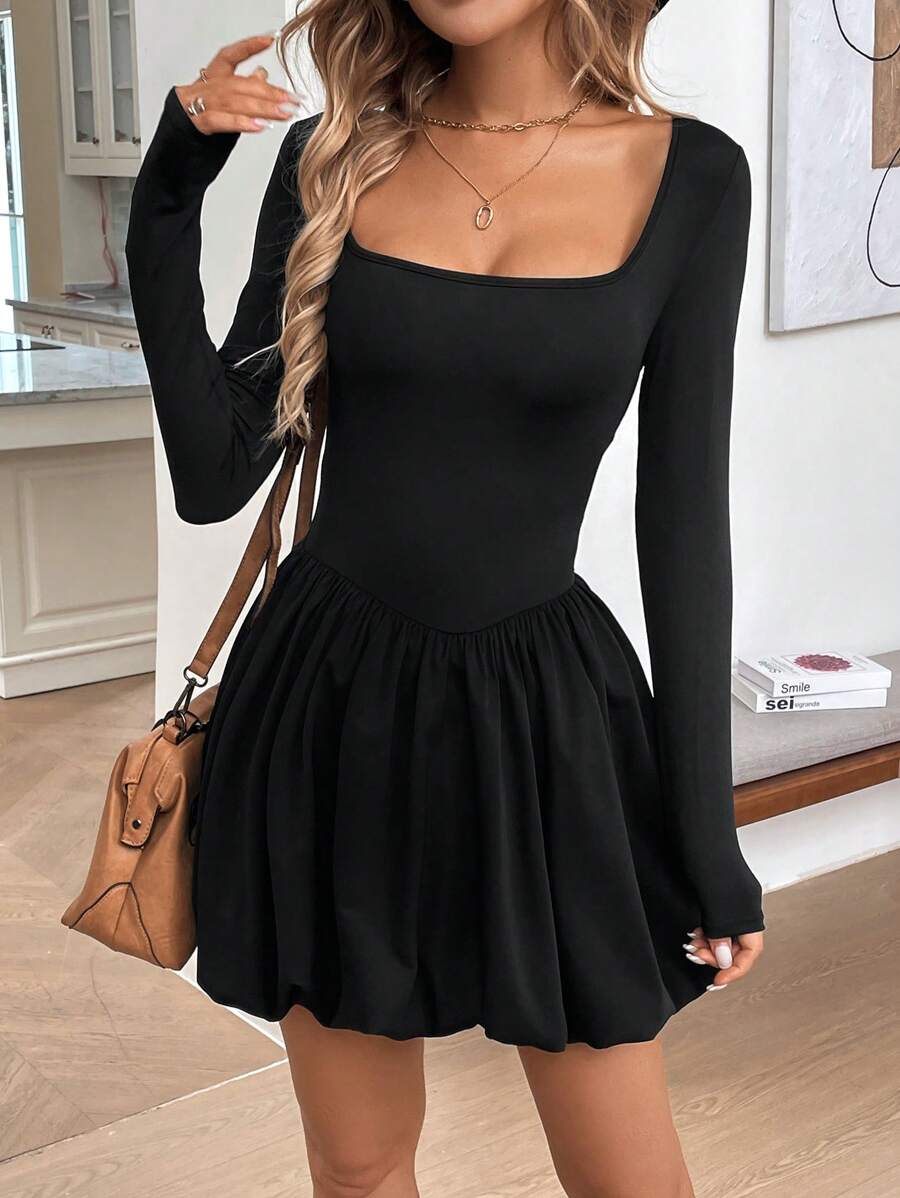 SHEIN LUNE Short Black Flare Sleeve Floral Midi Dress For Women, Fall ...