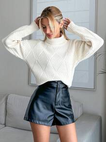 RueChic Women Solid Color Diamond Pattern Turtleneck Pullover