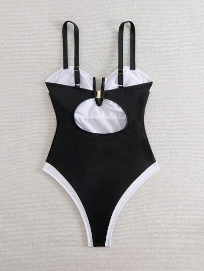 Swim Chiccia 1 件女式拼色 V 领钢圈连体泳衣夏季