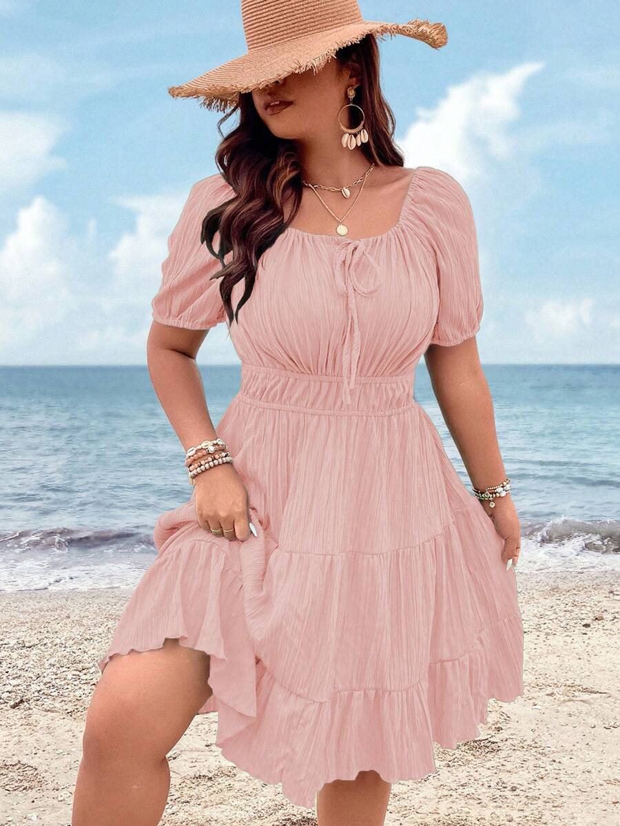 SHEIN Holidaya 大码纯色前系带褶饰简约短款连衣裙 - 粉色 - 查看 1