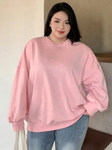 Dazy Plus Plus Size Solid Color Crew Neck Casual Sweatshirt For Teenage Girls, For Winter