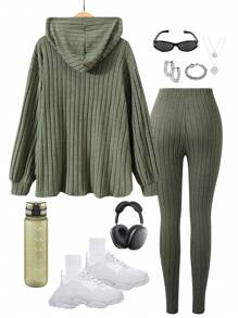 Sparklyn 2pcs Teen Girl Casual Solid Color Hoodie Sweatshirt And Leggings Set, Spring Fall - Army Green - View 2