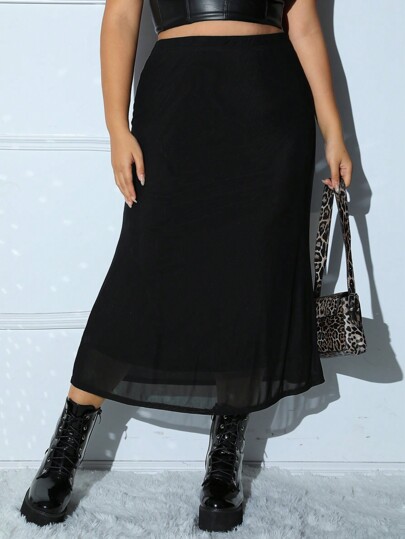 SHEIN EZwear Plus Size Women High Waist Black Contrast Mesh Maxi A-Line Skirt
