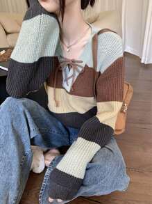 DAZY Women's Casual Color Block Striped Cross Strap Sweater, Spring/Fall - Multicolor - View 5