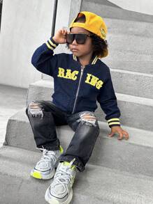 Young Boy Simple Stylish Letter Printed Ribbed Stitching Denim Jacket, Autumn/Winter - Dark Wash - View 5