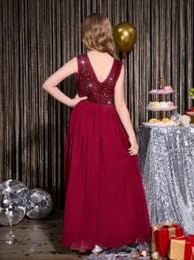 Elegante y lujoso vestido largo sin mangas de color borgoña para niñas, adecuado para Navidad, Halloween, fiestas formales, cumpleaños, actuaciones y otros festivales - Burdeos - Ver 2