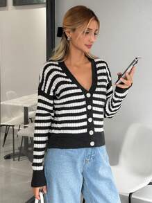 EURMUSE 正面纽扣条纹印花 V 领长袖开衫 - 黑與白 - 查看 6