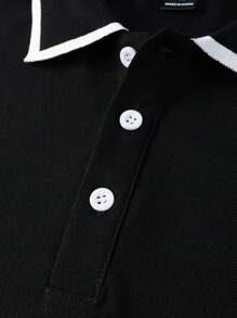Manfinity Mode 男士撞色领拼色简约休闲短袖度假 Polo 衫，适合丈夫和爸爸 - 黑色 - 查看 7