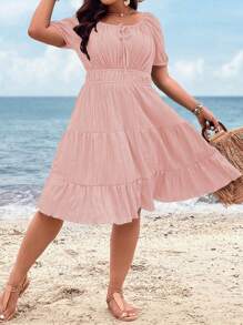 SHEIN Holidaya 大码纯色前系带褶饰简约短款连衣裙 - 粉色 - 查看 7