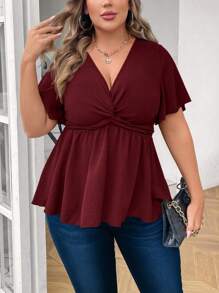 Vionelle 大码女式V领喇叭袖短袖衬衫，夏季，圣诞节荷叶边上衣 - 酒紅色 - 查看 5