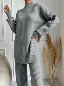 EURMUSE 2pcs Women's Solid Color Zip-Up Long Sleeve Simple Sweater And Pants Casual Set