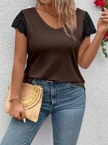 SHEIN LUNE Áo thun trơn cổ chữ V tay bèo nhún cỡ lớn cho nữ - màu nâu - Xem 5