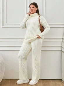RueChic Plus Cable Knit 2 Piece Sweater And Pants - White - View 5