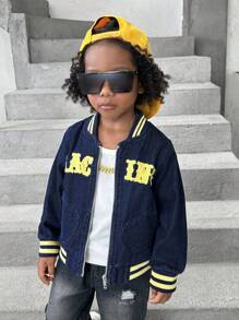 Young Boy Simple Stylish Letter Printed Ribbed Stitching Denim Jacket, Autumn/Winter - Dark Wash - View 6