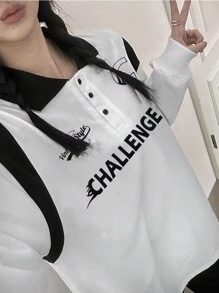 DAZY 女款拼色字母印花翻領運動衫，秋季校園穿搭 - 黑與白 - 查看 7