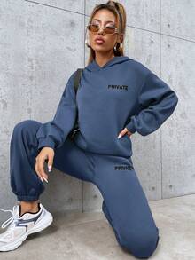 Cottnline Letter Printed Long Sleeve Hoodie And Sweatpants Set - Blue - View 6