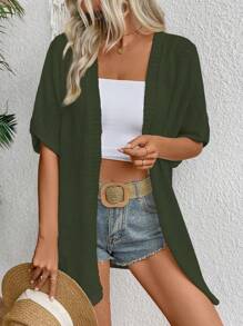 Chiquease 女士纯色短袖开衫，日常休闲 - 軍綠色 - 查看 5