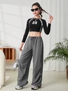 SHEIN Teen Girl's Solid Dark Grey Loose Fit Low Waist Elastic Waistband Ankle Length Pants - Grey - View 6