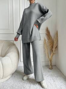 EURMUSE 2pcs Women's Solid Color Zip-Up Long Sleeve Simple Sweater And Pants Casual Set