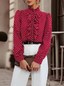 Chiquease Women's Spring Autumn Polka Dot Print Mix Ruffle Trim Elegant Long Sleeve Blouse Fall Cloth For Women - Burgundy - View 6
