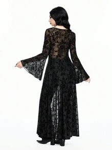 ROMWE Robe évasée avec manches évasées à motif de vigne gothique vintage pour femmes, vêtements d'Halloween - Noir - Voir 5