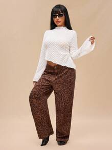 Forever 21 Áo thun dệt kim dài tay họa tiết viền bất đối xứng cỡ lớn cho nữ, mùa thu/đông - trắng - Xem 3