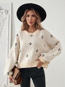 Chiquease 女式花卉图案宽松圆领蝙蝠袖长袖休闲针织毛衣，秋冬