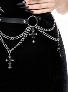 ROMWE Goth 1 pieza Cinturón negro de estilo gótico con cruz y doble cadena para vestidos de mujer