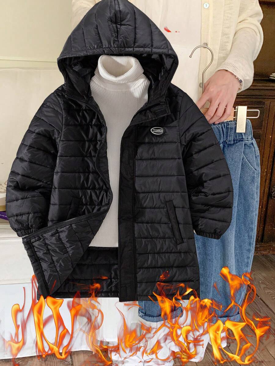 Mittellange gesteppte Jacke mit Kapuze für Tween-Jungen, Herbstbekleidung - Schwarz - Übersicht 1