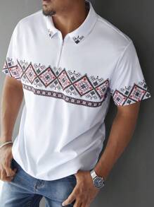 Manfinity Homme 大码男士休闲几何印花 Polo 衫，夏季 - 白色 - 查看 1