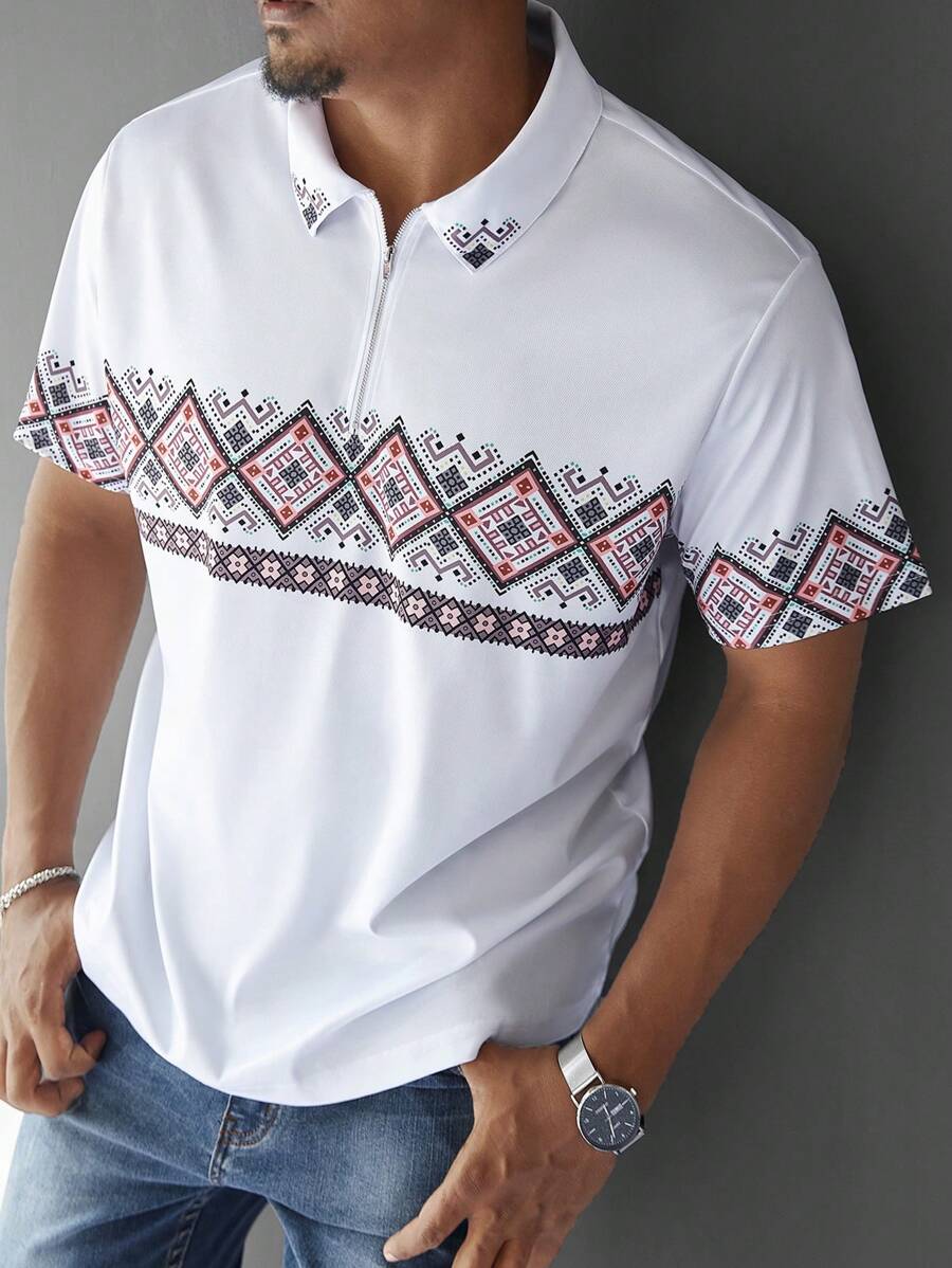 Manfinity Homme 大码男士休闲几何印花 Polo 衫，夏季 - 白色 - 查看 1