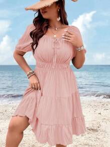 SHEIN Holidaya 大码纯色前系带褶饰简约短款连衣裙 - 粉色 - 查看 4