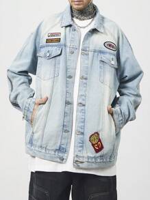 Manfinity EMRG 男士字母前扣长袖口袋简约休闲学院风牛仔夹克，适合外出、朋友聚会 - 淺色水洗藍 - 查看 3