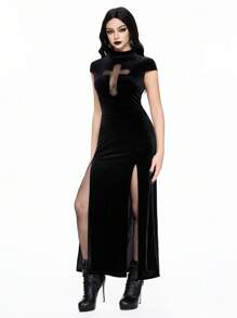 ROMWE Gothic Dark Vampire Style Criss-Cross Cutout High Slit Bodycon Dress - Black - View 7