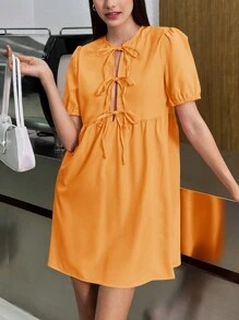 INAWLY Tie Front Puff Sleeve Smock Dress, Summer Women Dress - Orange - View 4