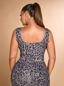 SHEIN BAE 大码音乐会服装女式豹纹印花和花卉图案度假透视背心，方形领口 - 灰色 - 查看 2